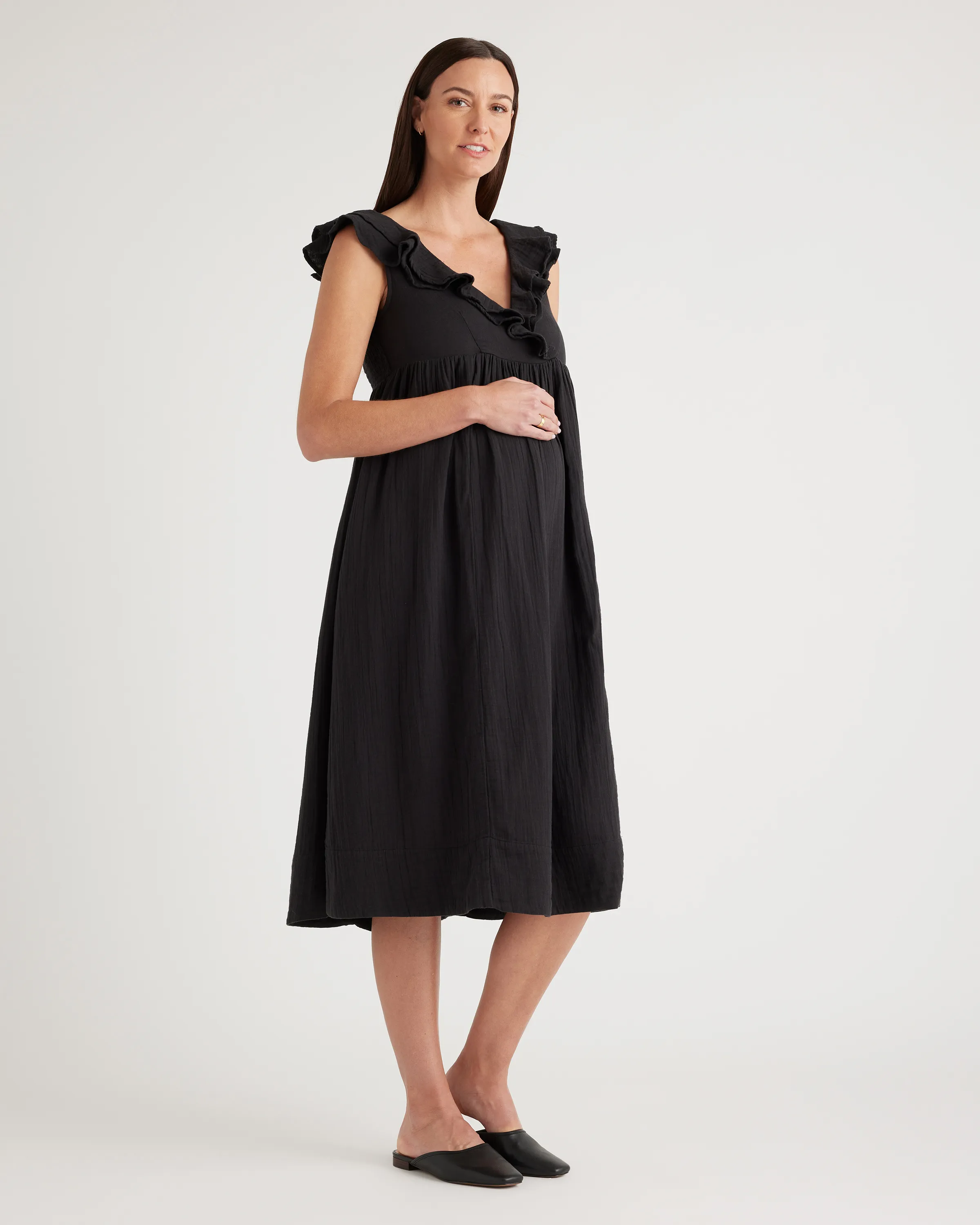 Organic Cotton Gauze Maternity Ruffle Front Dress