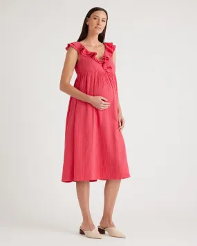 Organic Cotton Gauze Maternity Ruffle Front Dress