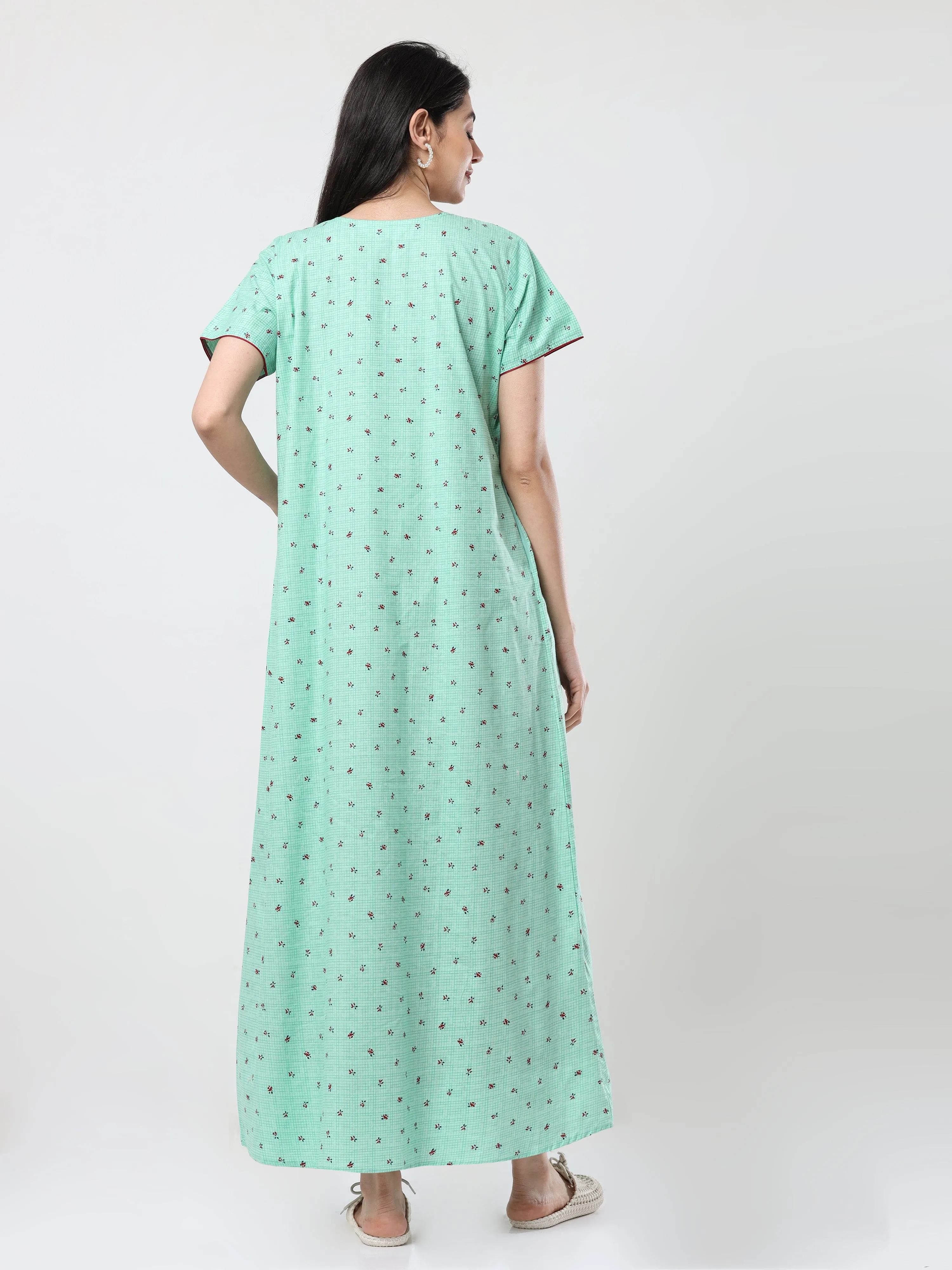 Pure Cotton Maternity Feeding Nighty Green