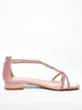 Quiz Pink Satin Diamante T-strap Flat Sandals