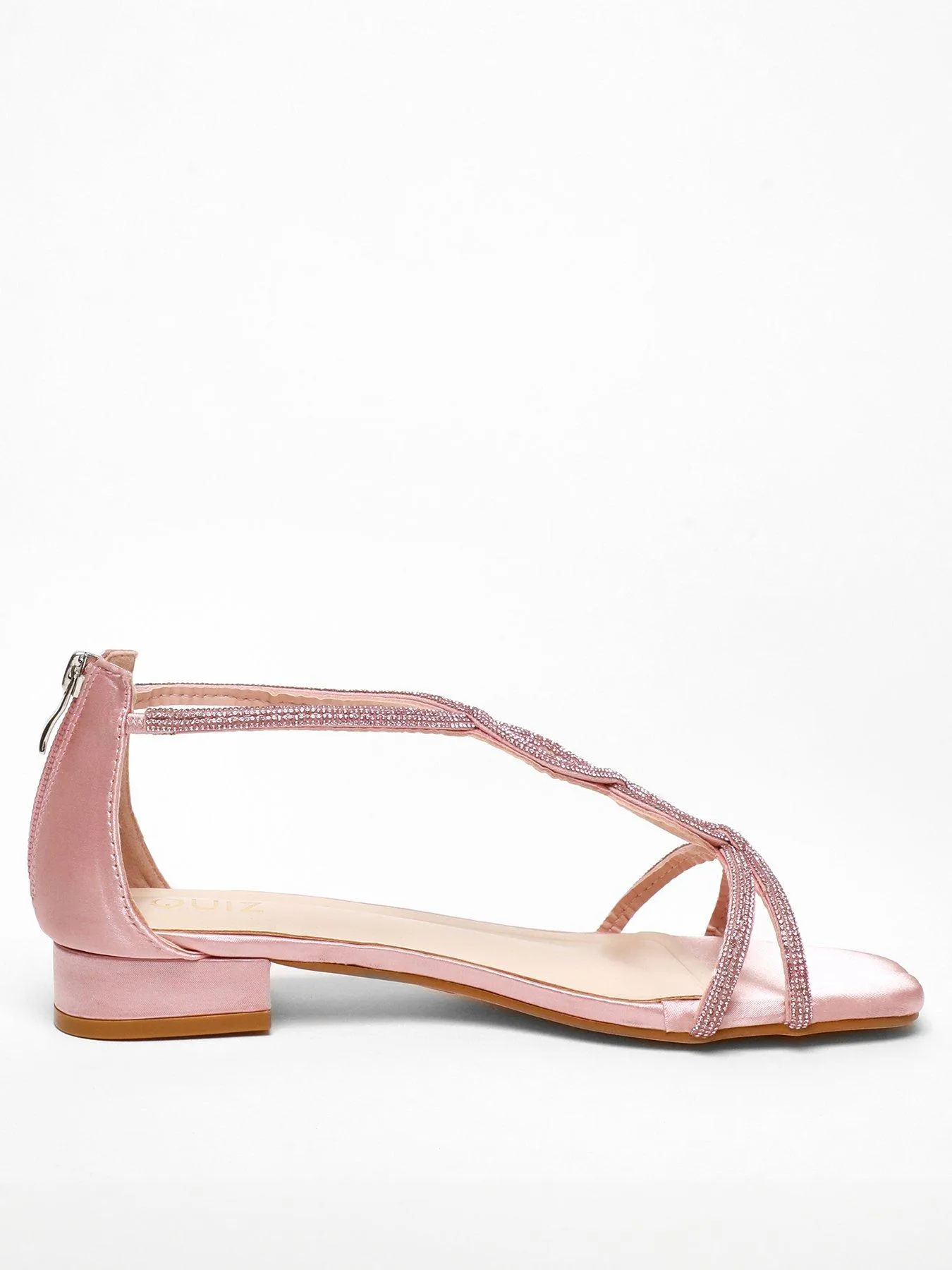 Quiz Pink Satin Diamante T-strap Flat Sandals