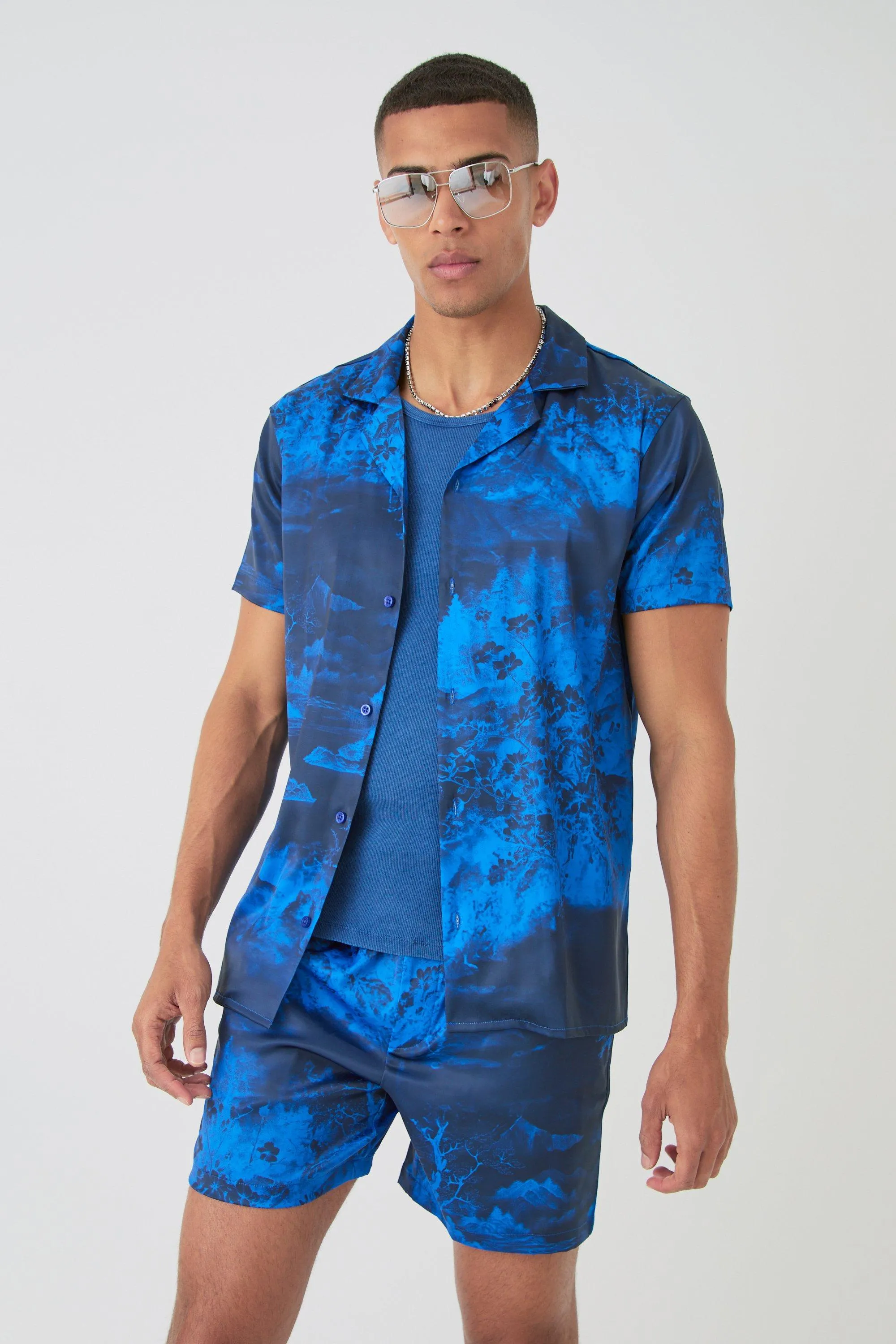 Short Sleeve Satin Tile Shirt & Short | boohooMAN UK