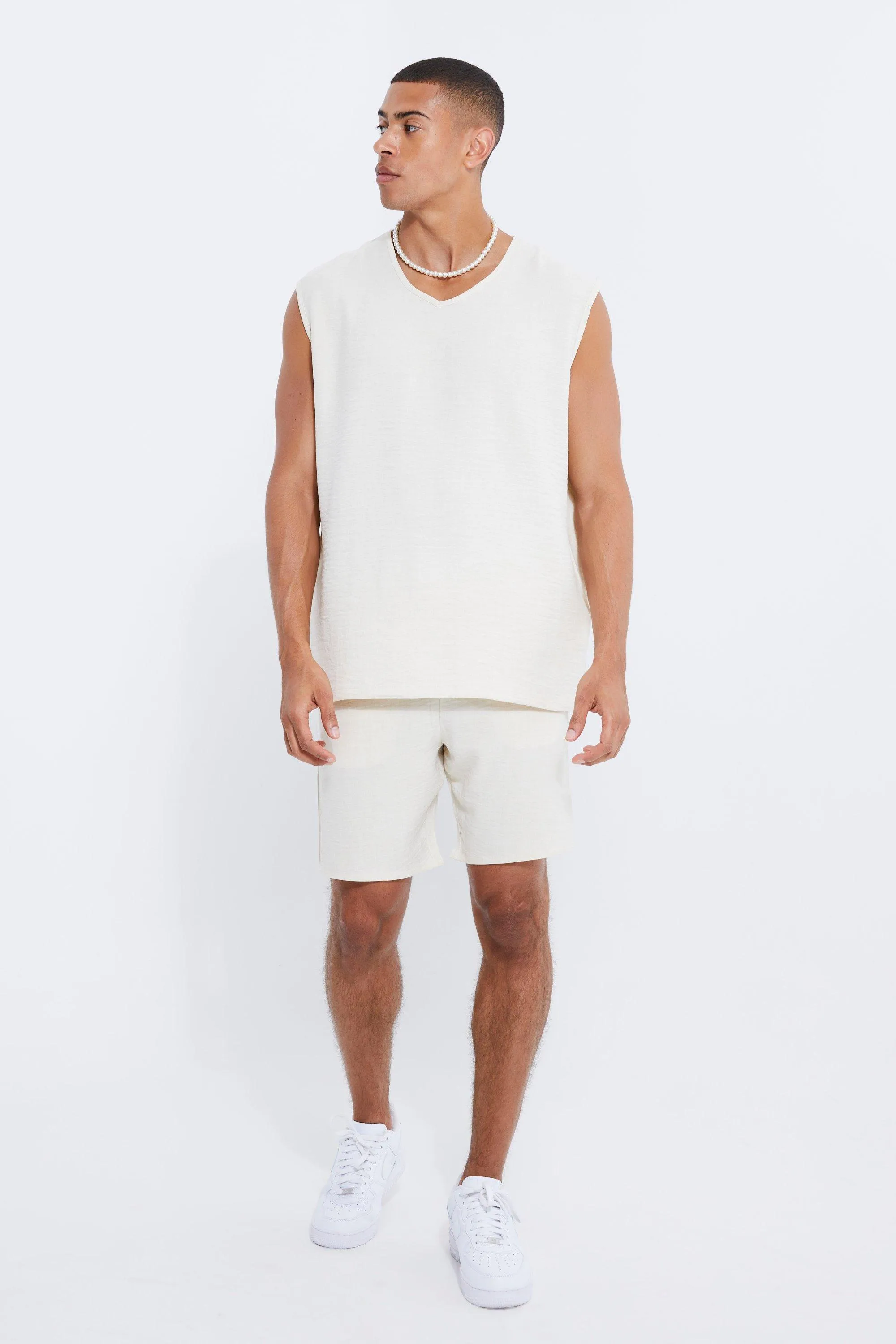 Sleeveless Oversized Linen Vest & Short Set | boohooMAN UK