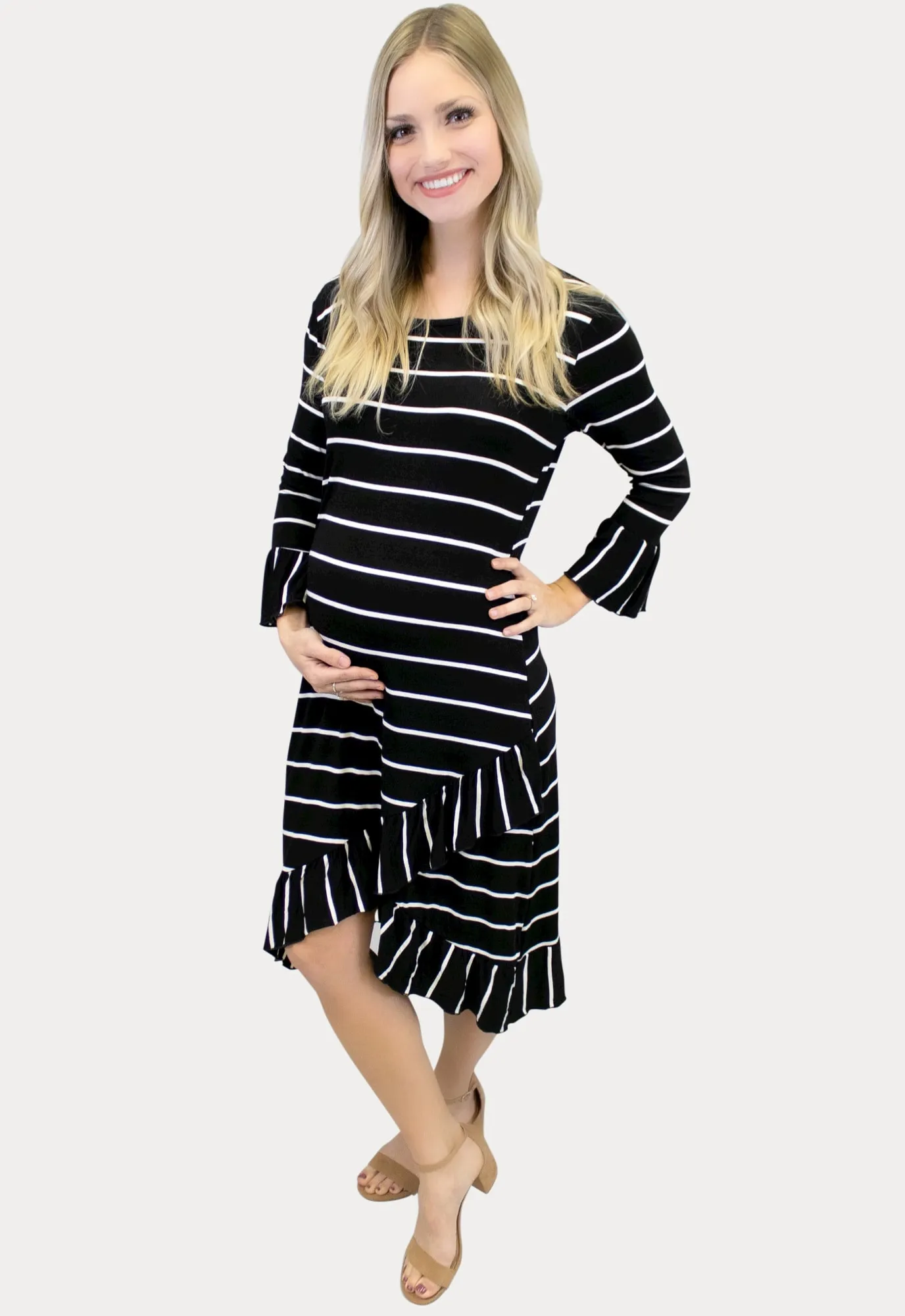 Striped Ruffle Maternity Dress in Black