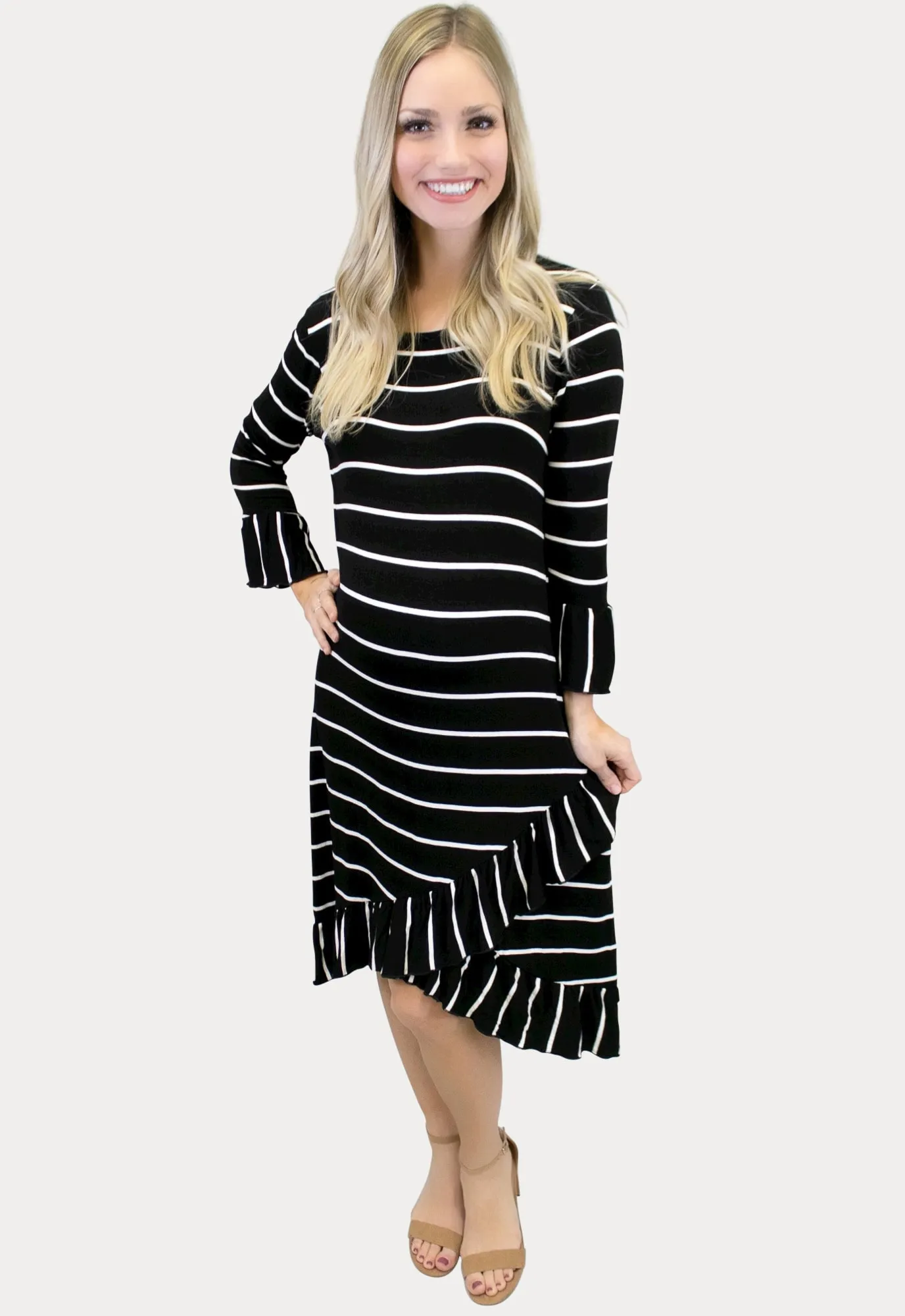 Striped Ruffle Maternity Dress in Black