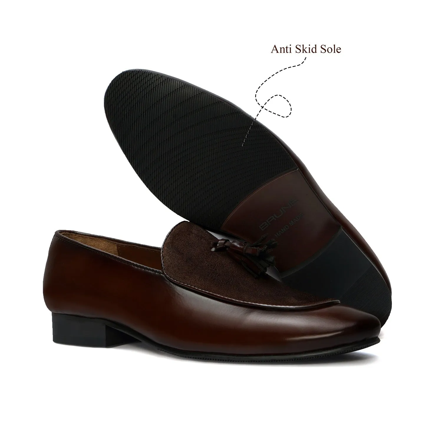 Tassel Slip-On Shoes in Dark Brown Glossy/Suede leather