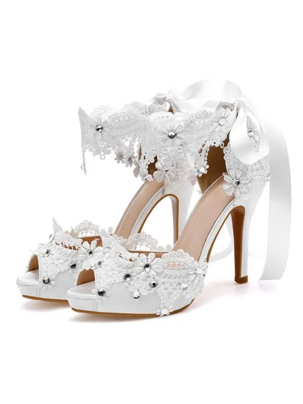 Women's Lace Flower Heeled Wedding Sandals with Bow