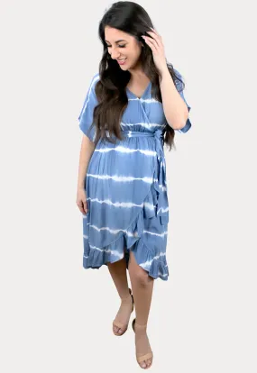 Wrap Front Striped Maternity Dress in Blue